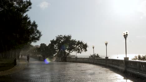 rainy day promenade by the sea