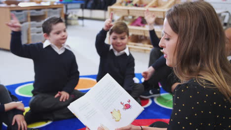 Close-up-of-female-primary-school-teacher-sitting-on-the-floor-in-classroom-reading-a-book-to-class