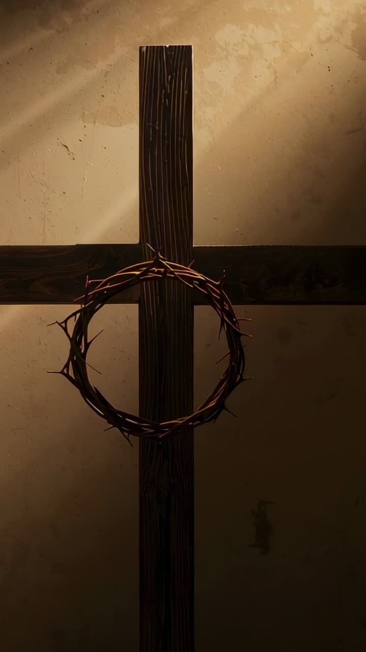 Vertical video: Entering light illuminating cross with thorn crown in chapel, dust drifting