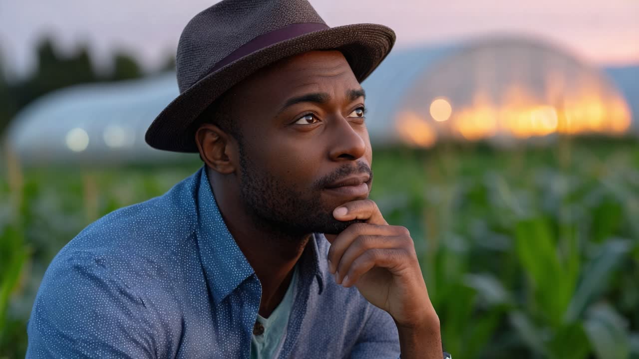 Contemplative Young Man with Hat in Cornfield at Twilight, Reflecting on Nature and Life amidst Lush Green Crops Beneath Beautiful Sunset Sky