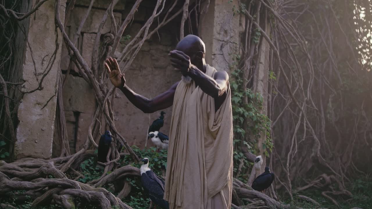 African man in flowing garment interacts with birds near ancient stone structure, surrounded by lush greenery and twisting vines, showcasing a harmonious connection with nature