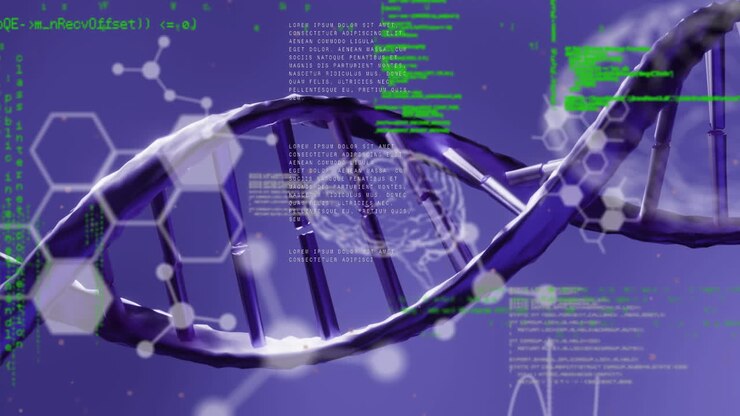 Animation of chemical formulas and data processing over rotating dna chains