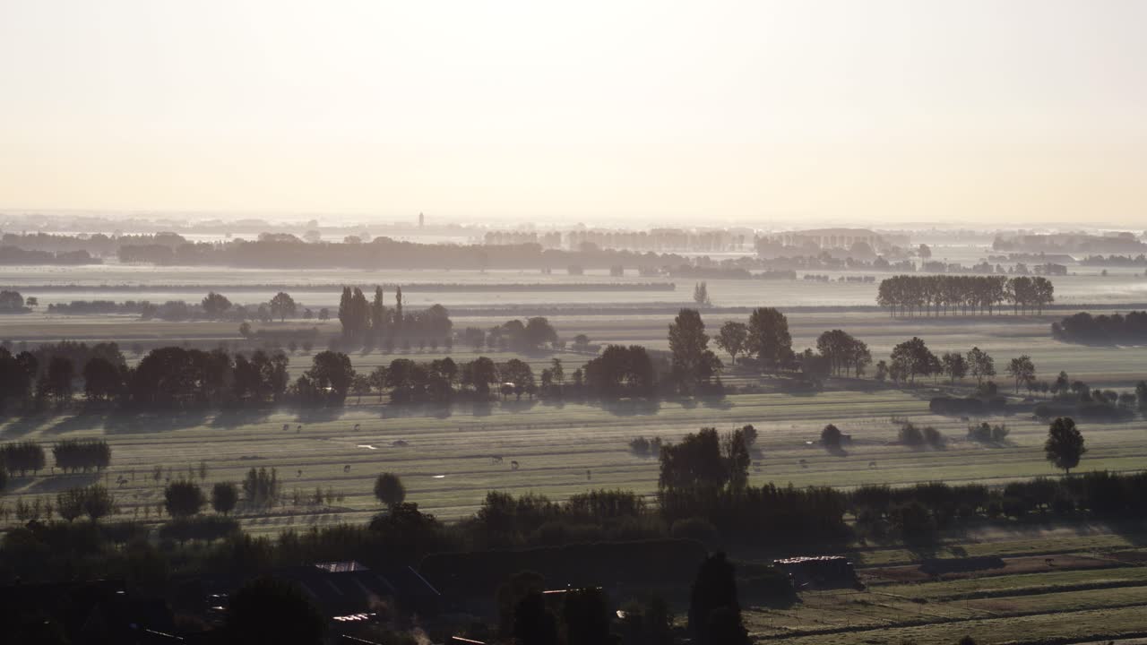 해가 뜨고 해가 지는 네덜란드의 안개 풍경
