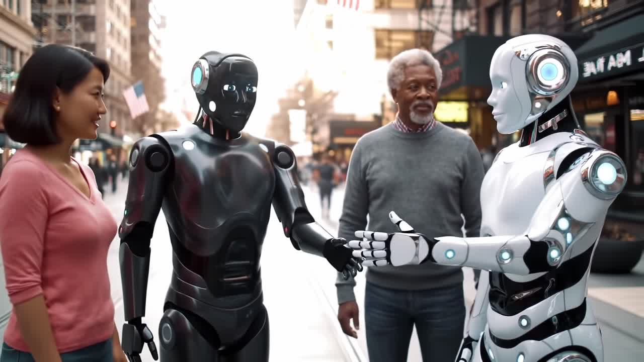 A Friendly Encounter Between Humans and Robots in a Cityscape: Exploring the Future of Technology and Human-Robot Interaction in Urban Environments