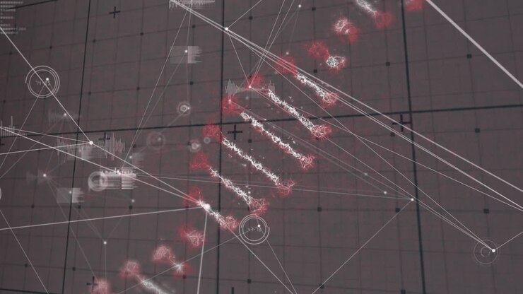 Animation of dna strand, network of connections over data processing