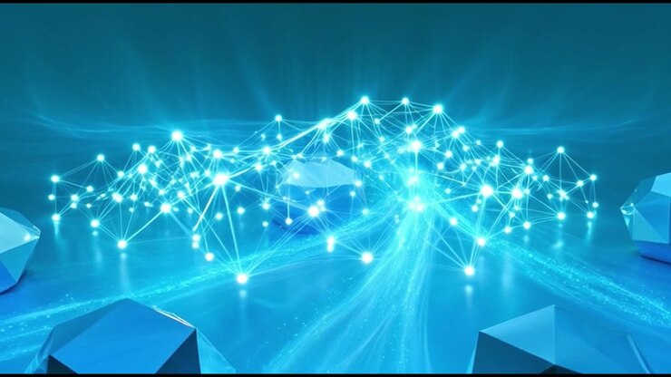 Abstract Digital Network Connection with Geometric Shapes and Glowing Light