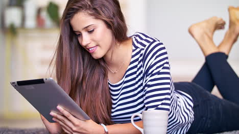 Relax,-search-and-tablet-with-woman-on-floor