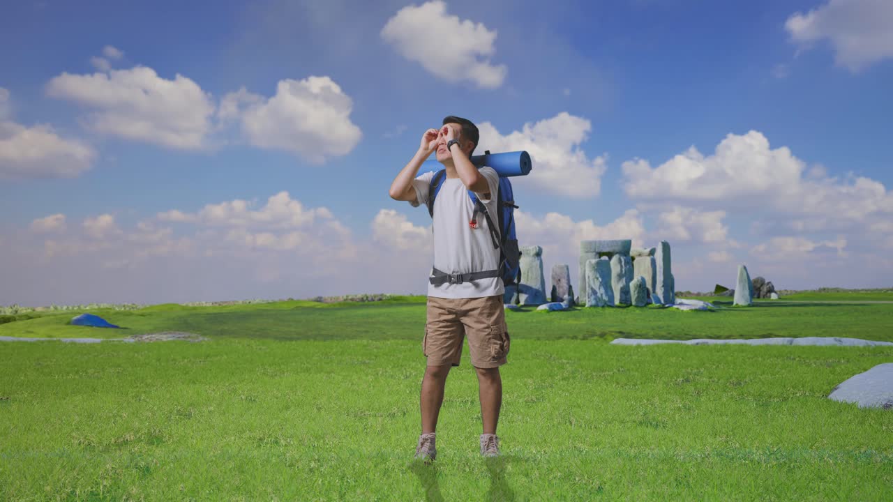 Full Body Of Asian Male Hiker With Mountaineering Backpack Smiling And Making Binoculars Gesture Then Looking Around While Traveling In Stonehenge