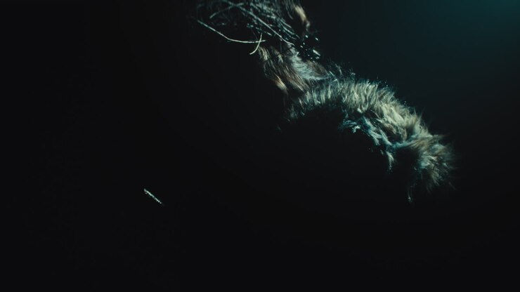 A creepy witch stands in the moody pose during the night storm