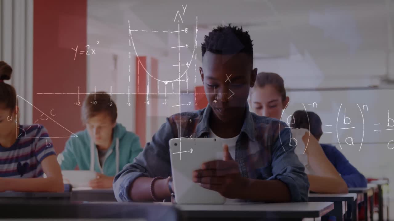 Animation of math formulas moving over african american boy and class of pupils with tablets
