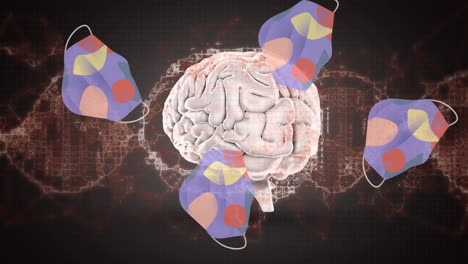 animación de células de covid-19 con máscaras faciales sobre el cerebro humano y hilos de adn girando