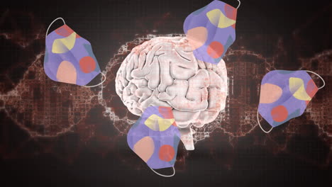 animation of covid 19 cells with face masks over human brain and dna strand spinning