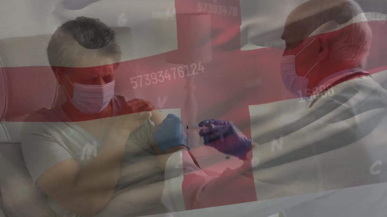 animación de números y bandera de inglaterra sobre diversos médicos varones vacunando a una mujer mayor