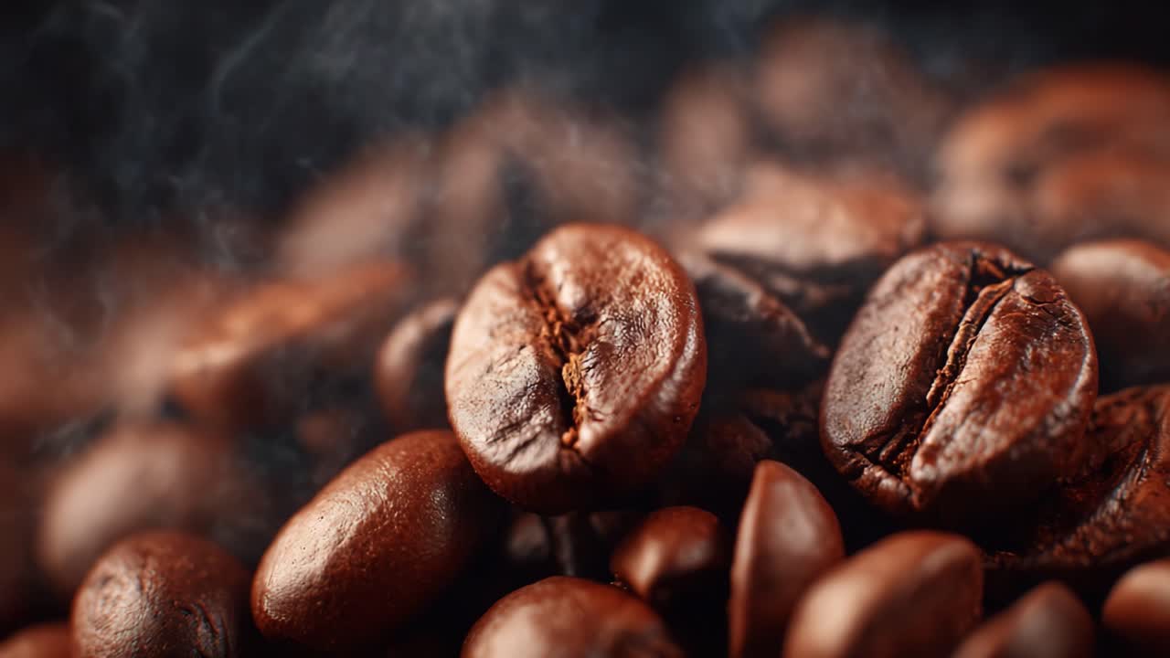 Fængslende nærbillede af friskristede kaffebønner med damp, der stiger op, der viser deres rige tekstur og aroma i fantastisk detalje