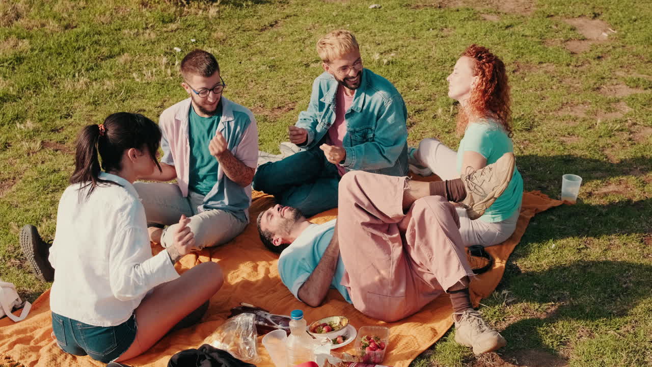 친구 들 이 공원 에서  이 비는 피크닉 을 즐기고 있다