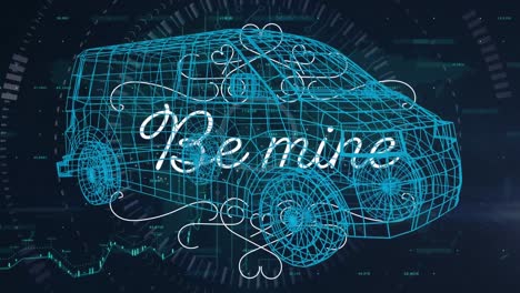 Animation-of-data-processing-and-be-mine-text-with-car-over-black-background