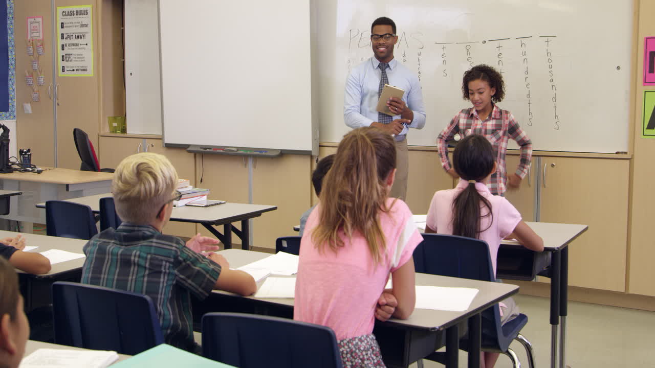 Kids applauding schoolgirl at front of class, shot on R3D