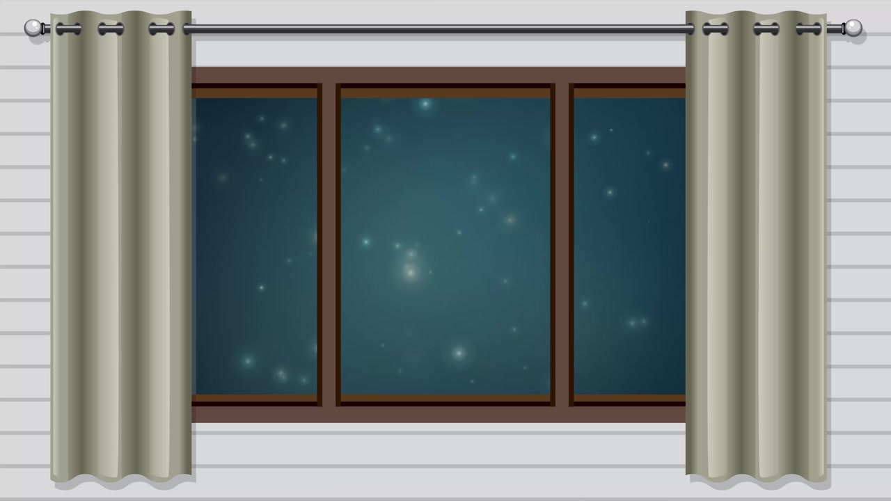 Animated window view with glowing particles floating against a dark blue night sky background.