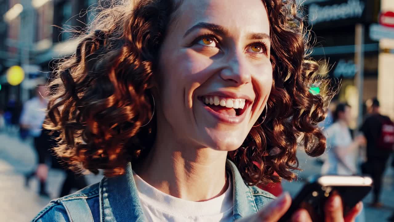 Blurred street scene with a close-up of a smiling person using a phone, capturing a candid moment