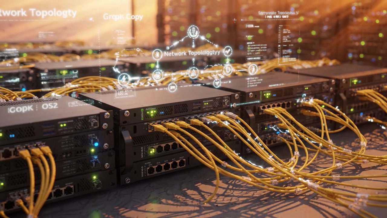 Exploring Advanced Network Infrastructure with Connectivity Visualizations and Topology Insights Amidst a Sunset-Illuminated Server Room