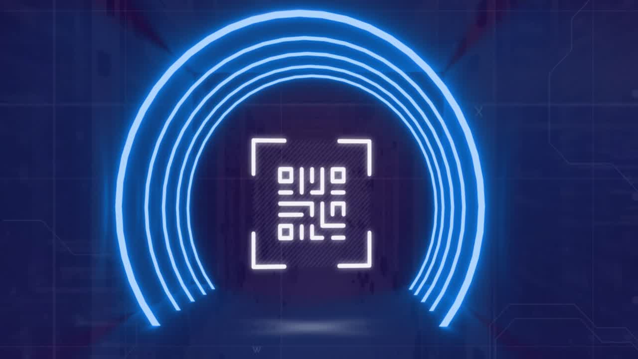 Animation of neon circles and qr code over server room