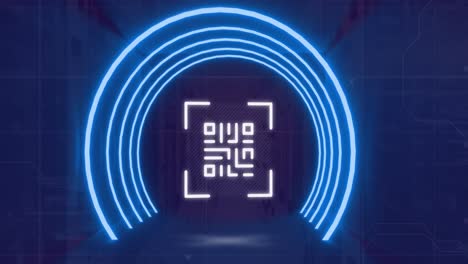 animación de círculos de neón y código qr sobre la sala del servidor