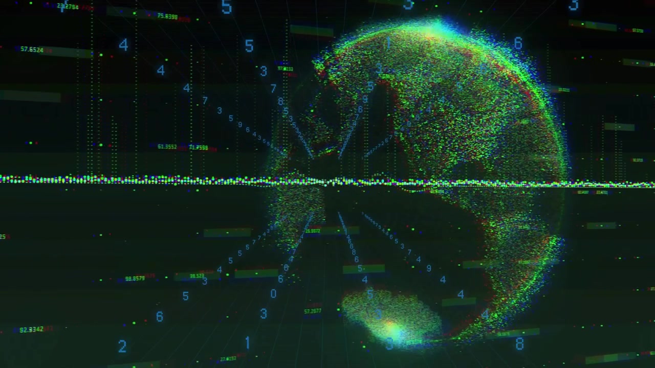 Left hub pulsing, radial beams guiding particles, globe forming, rotating, visualizing data links