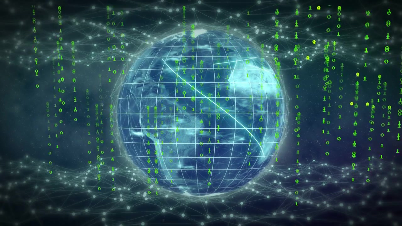 Cyan arc sweeping globe, glowing globe rotating while binary streams rising, showing global network