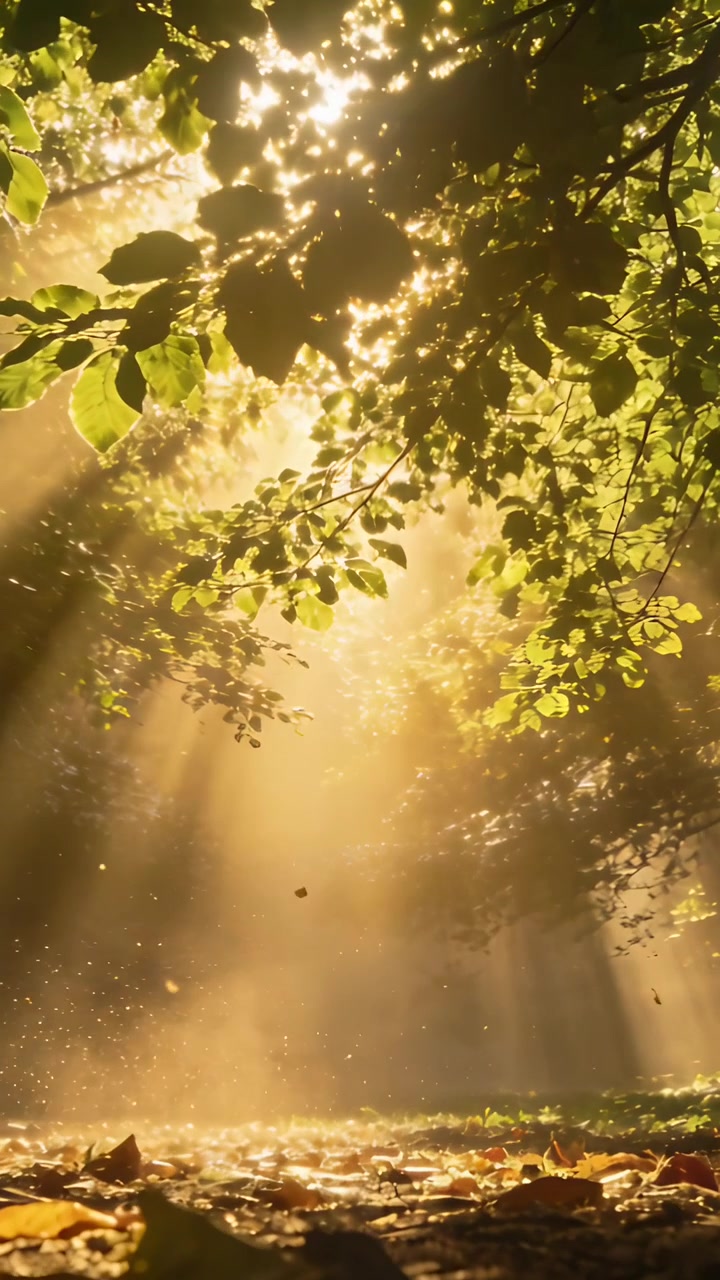 Vertical video: Shifting sunlit canopy by gentle breeze in park, casting shafts on leaves and dust