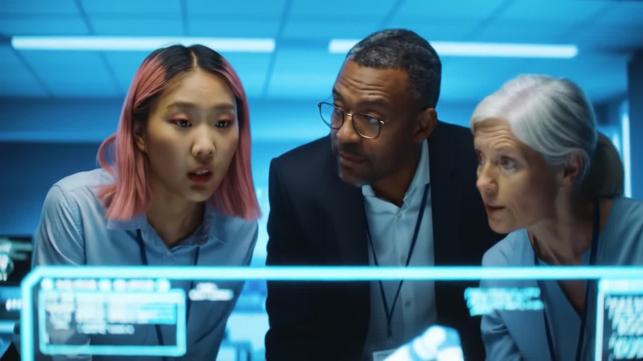Three professionals focus intently on a holographic display showcasing complex data.