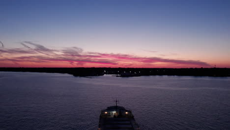 Flying-Above-Bulk-Cargo-Ship-Adrift-On-Water-Surface-Near-Kingsville-Harbour-In-Ontario,-Canada