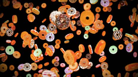 flying many colorful donuts on black background. doughnut cake, sweets, dessert. 3d animation of donut rotating. loop animation.