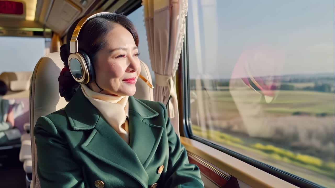 An adult woman wearing headphones in travel bus. She is smiling and she is enjoying her ride