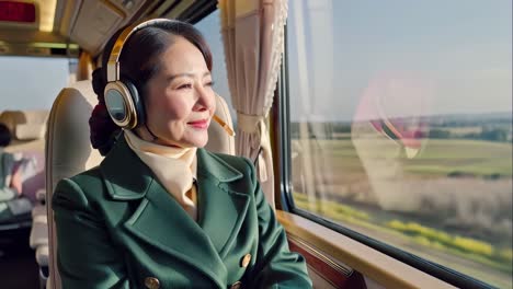 an adult woman wearing headphones in travel bus. she is smiling and she is enjoying her ride