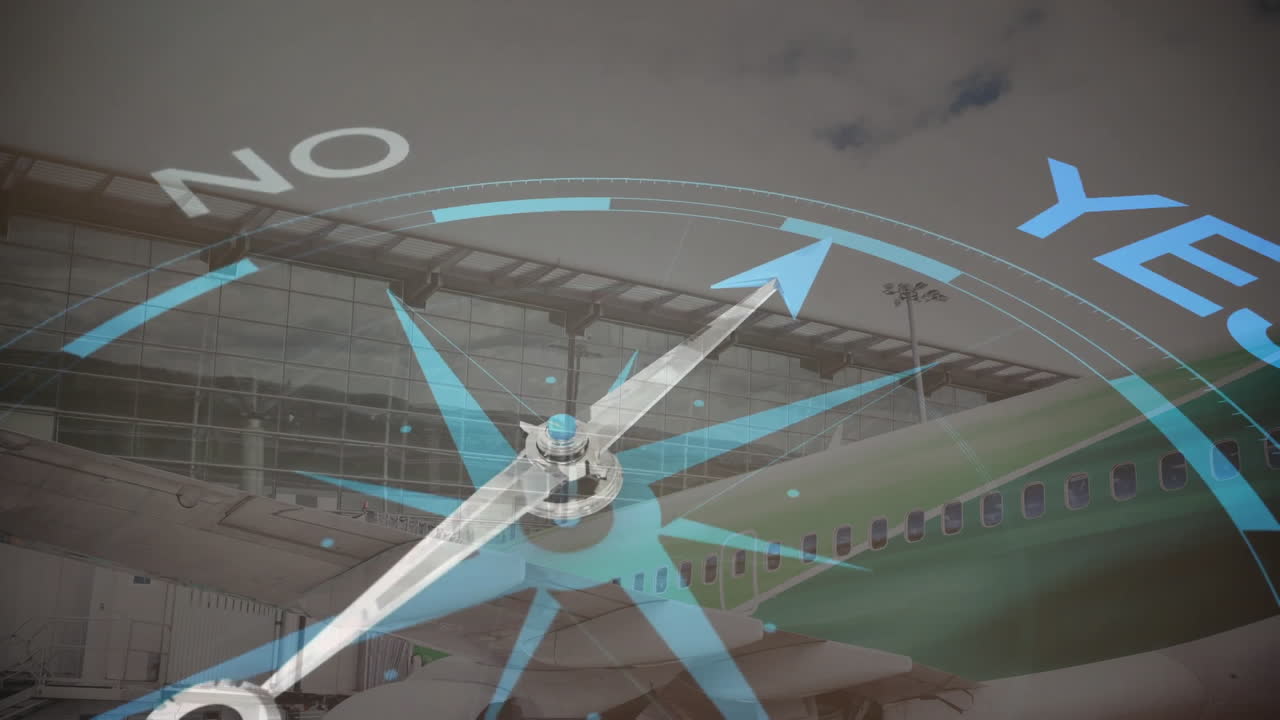 Animation of compass spinning with yes no text over city