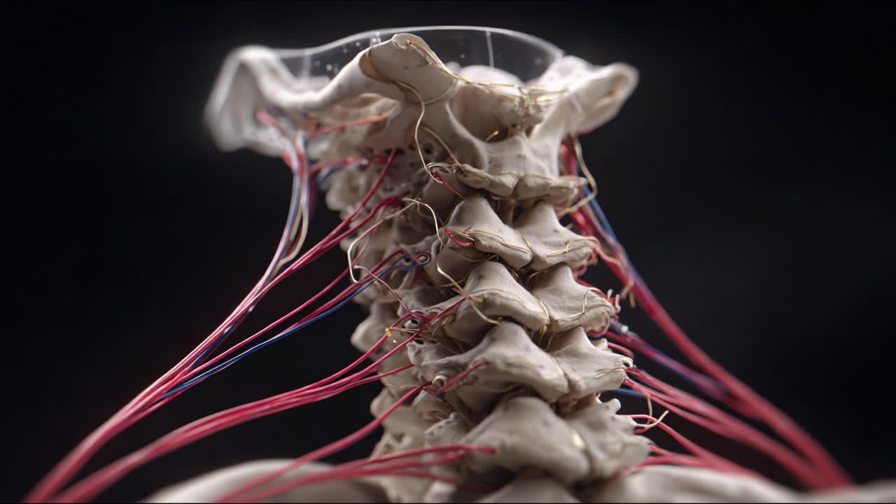 Detaljeret visualisering af en rygsøjle med neurale forbindelser og anatomiske strukturer, der fremhæver kompleksiteten i menneskets rygsøjle og nervesystem