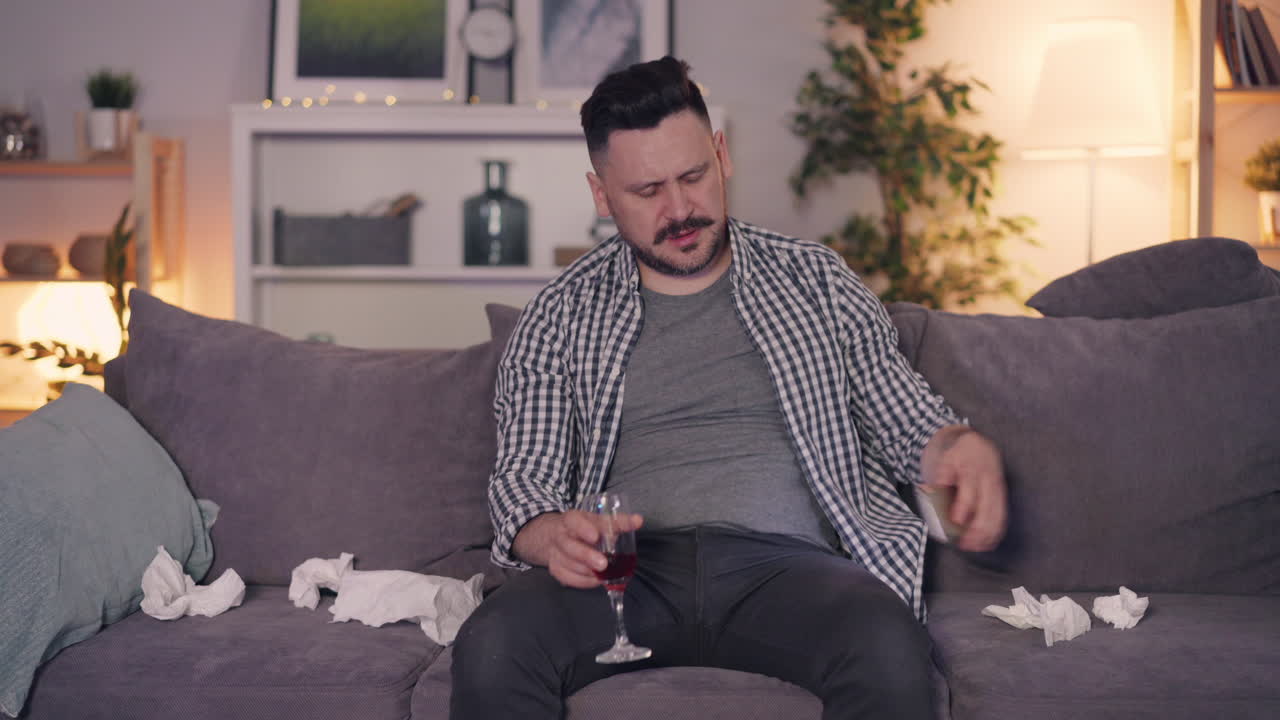 Un uomo depresso che beve da solo a casa