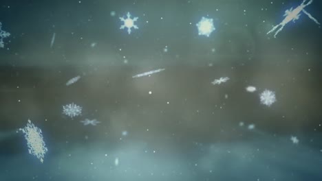 Animation-of-christmas-snowflakes-moving-over-smoke-and-flashing-light-in-night-sky