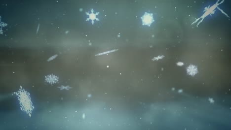 animación de copos de nieve de navidad que se mueven sobre el humo y la luz parpadeante en el cielo nocturno