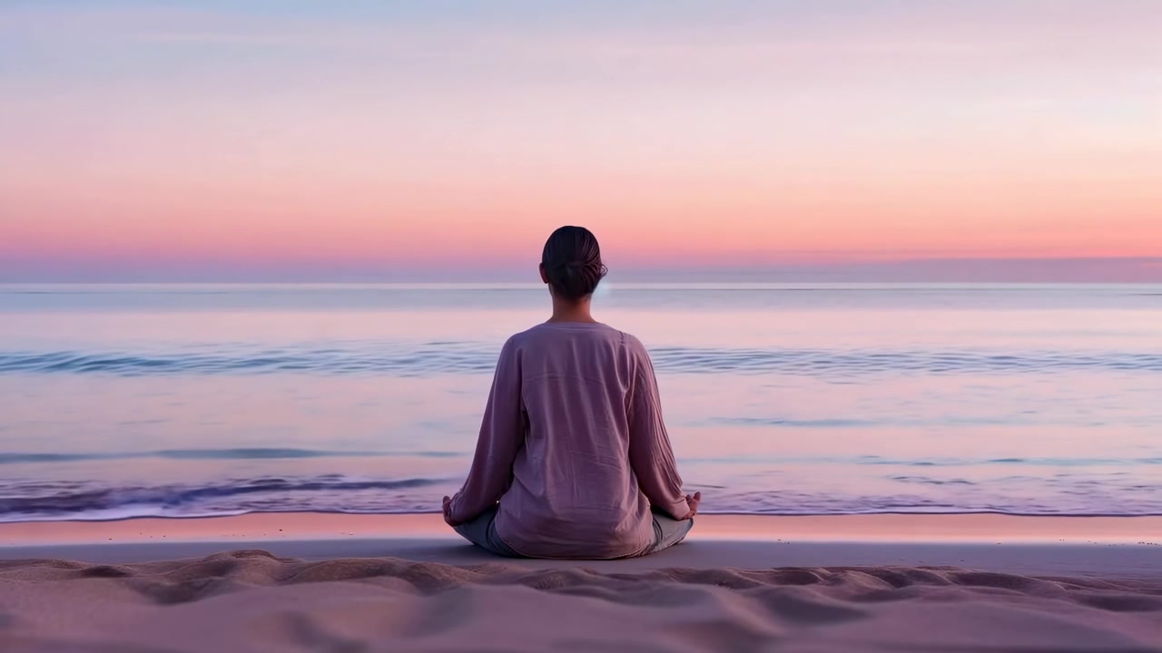 Person Meditating on Beach at Sunset