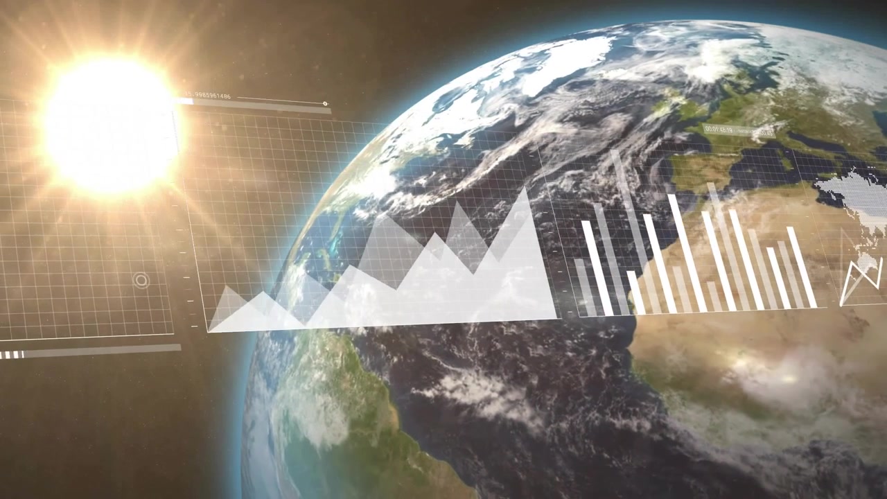 La Terra che riempie l'inquadratura, con una griglia che emerge al bordo, sovrapposta a grafici scorrevoli e tecnologia che si rimodella, mostrando dati globali