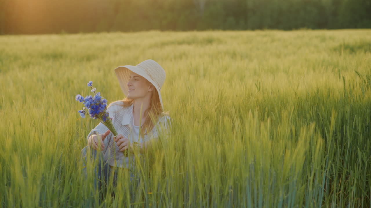 Portrait of Beautiful Woman in Hat Sitting in Grass with Cornflowers