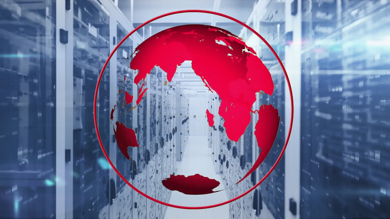 서버 방의 데이터 서버 랙에 있는 막대 위에서 원으로 회전하는 지구의 애니메이션