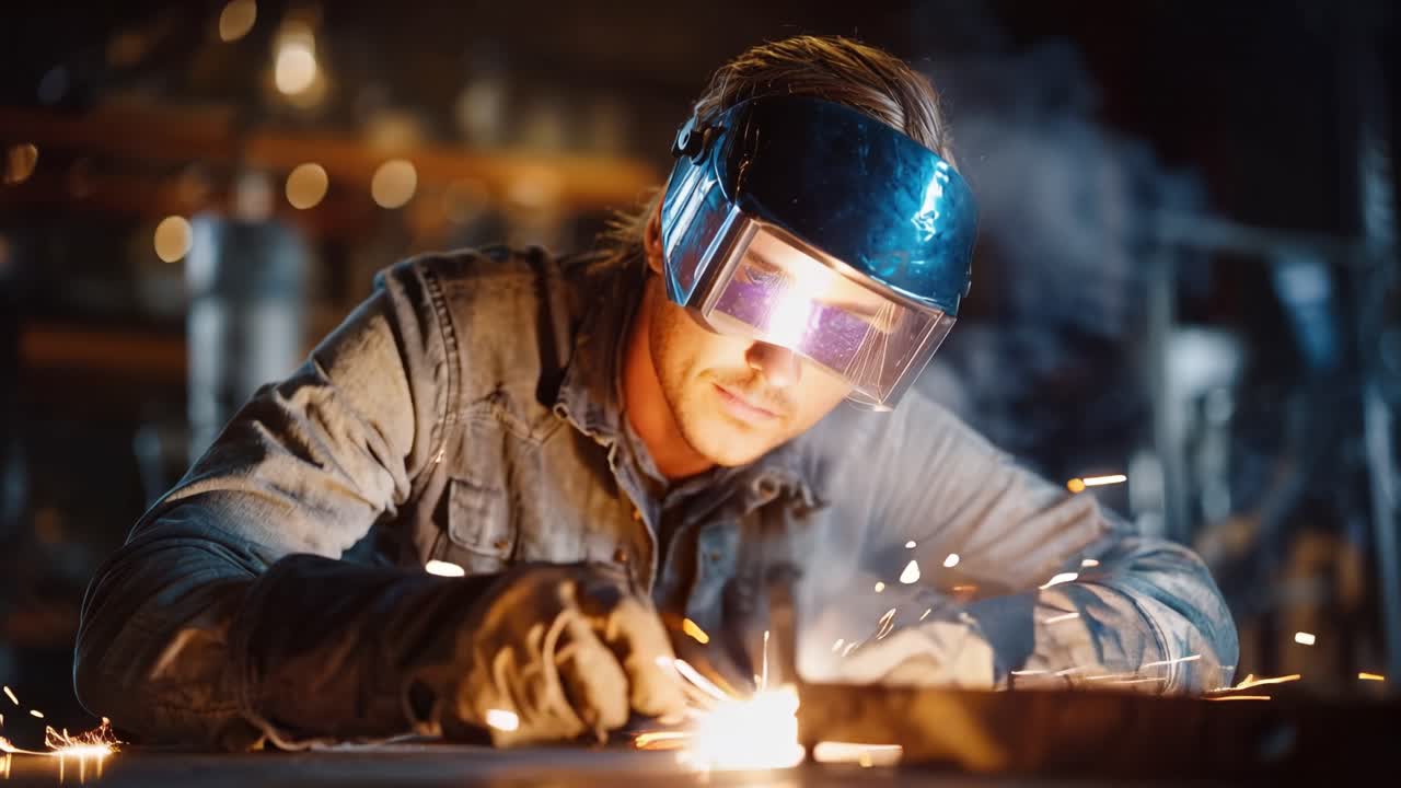 A Skilled Artisan Focuses on Crafting Metal with Precision, Wearing Protective Gear to Ensure Safety from Sparks and Heat in a Well-Equipped Workshop Environment