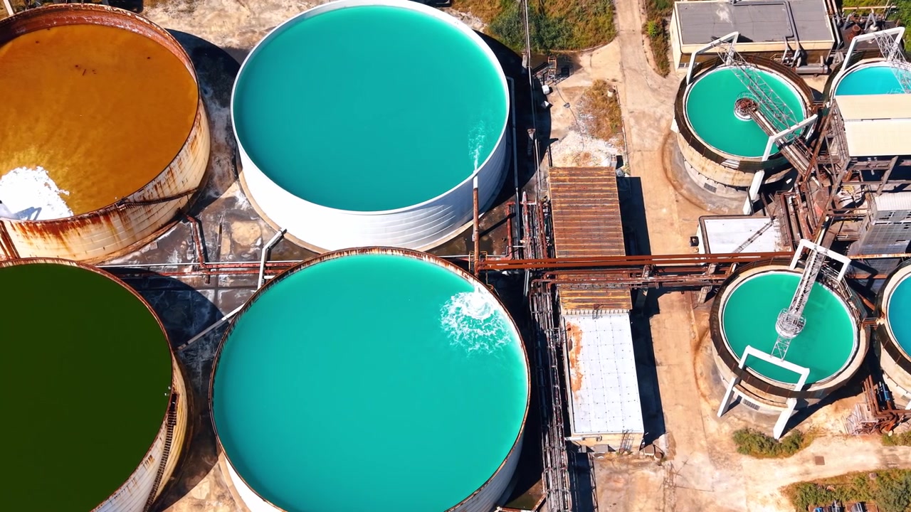 Colored liquid industrial tanks. Four large tanks stand in an industrial area. Each tank contains a different colored liquid in sunlight.