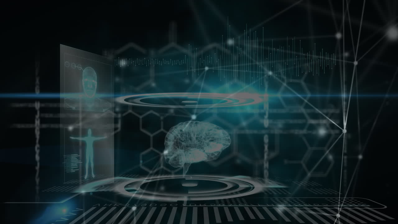 Animation of network of connections over human brain and medical data processing on screen