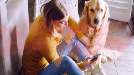 woman petting golden retriever while scrolling smartphone, featuring animated marketing charts