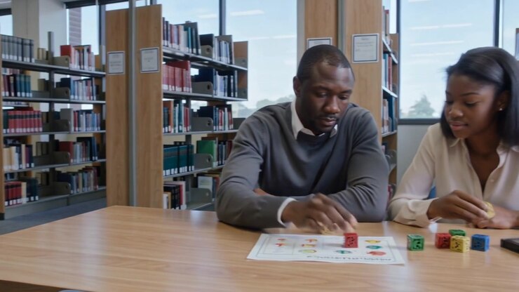 Entering tutor placing sheet at library table, arranging cubes with student for lesson, copy space