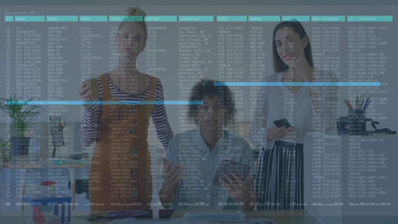 Analyzing data with digital animation overlay, diverse team working in office