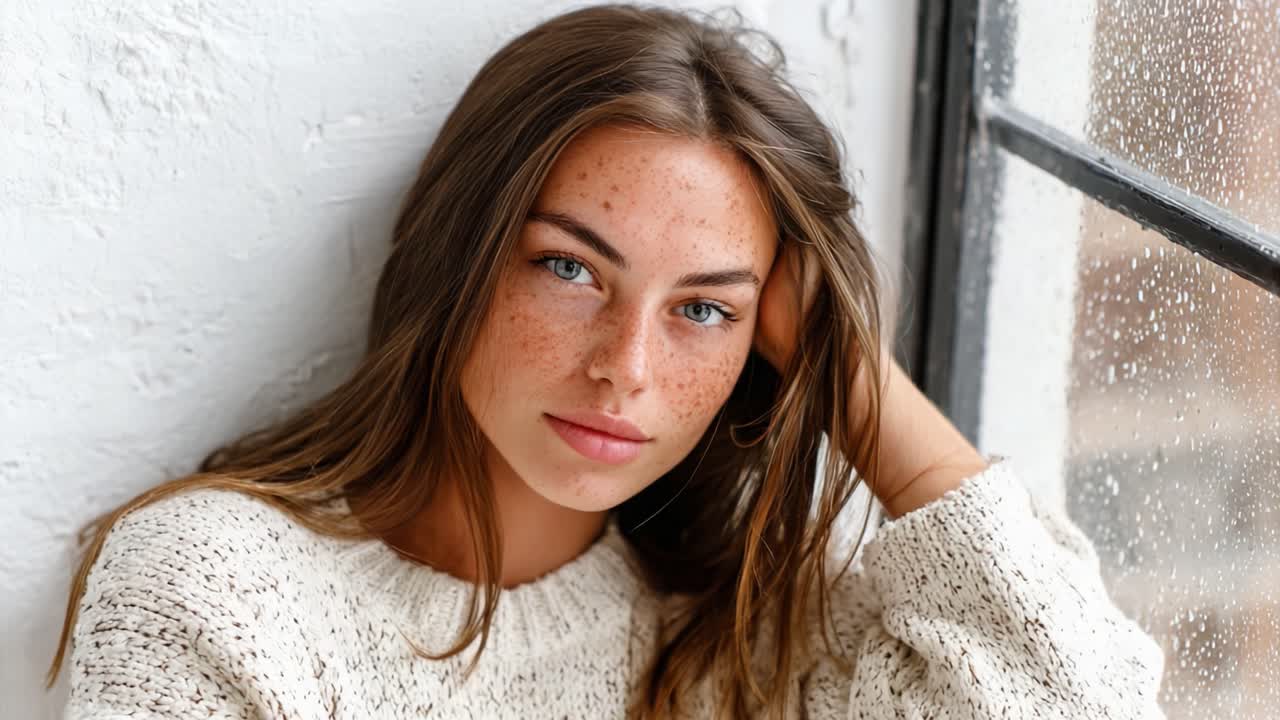 Primer plano de una joven pecosa, con unos ojos cautivadores y belleza natural, sobre un fondo de cristal empapado y luz tenue.